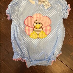 Blue Polka Dot Baby Romper with Turkey Appliqué Design